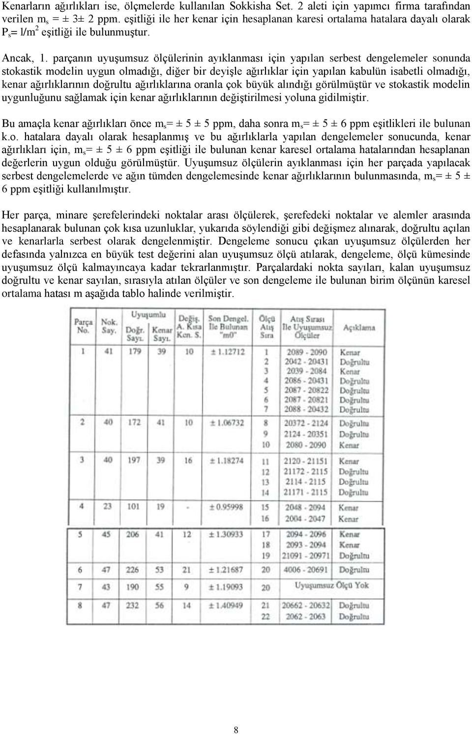 parçanın uyuşumsuz ölçülerinin ayıklanması için yapılan serbest dengelemeler sonunda stokastik modelin uygun olmadığı, diğer bir deyişle ağırlıklar için yapılan kabulün isabetli olmadığı, kenar