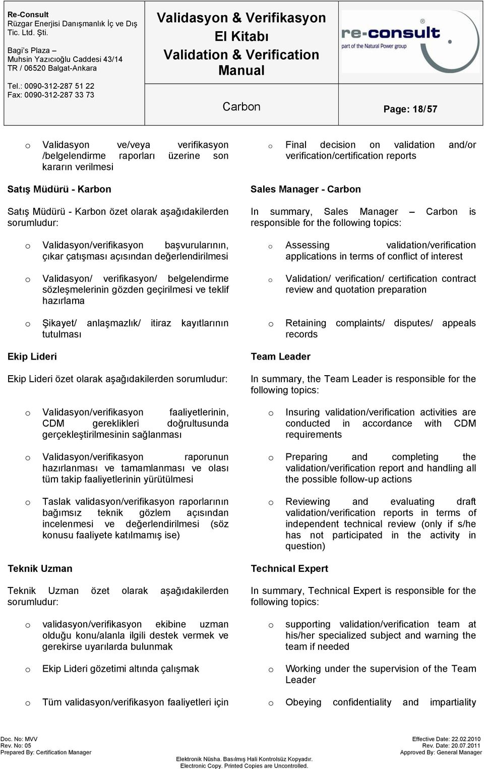 Manager Carbon is responsible for the following topics: o Assessing validation/verification applications in terms of conflict of interest o Validasyon/ verifikasyon/ belgelendirme sözleşmelerinin