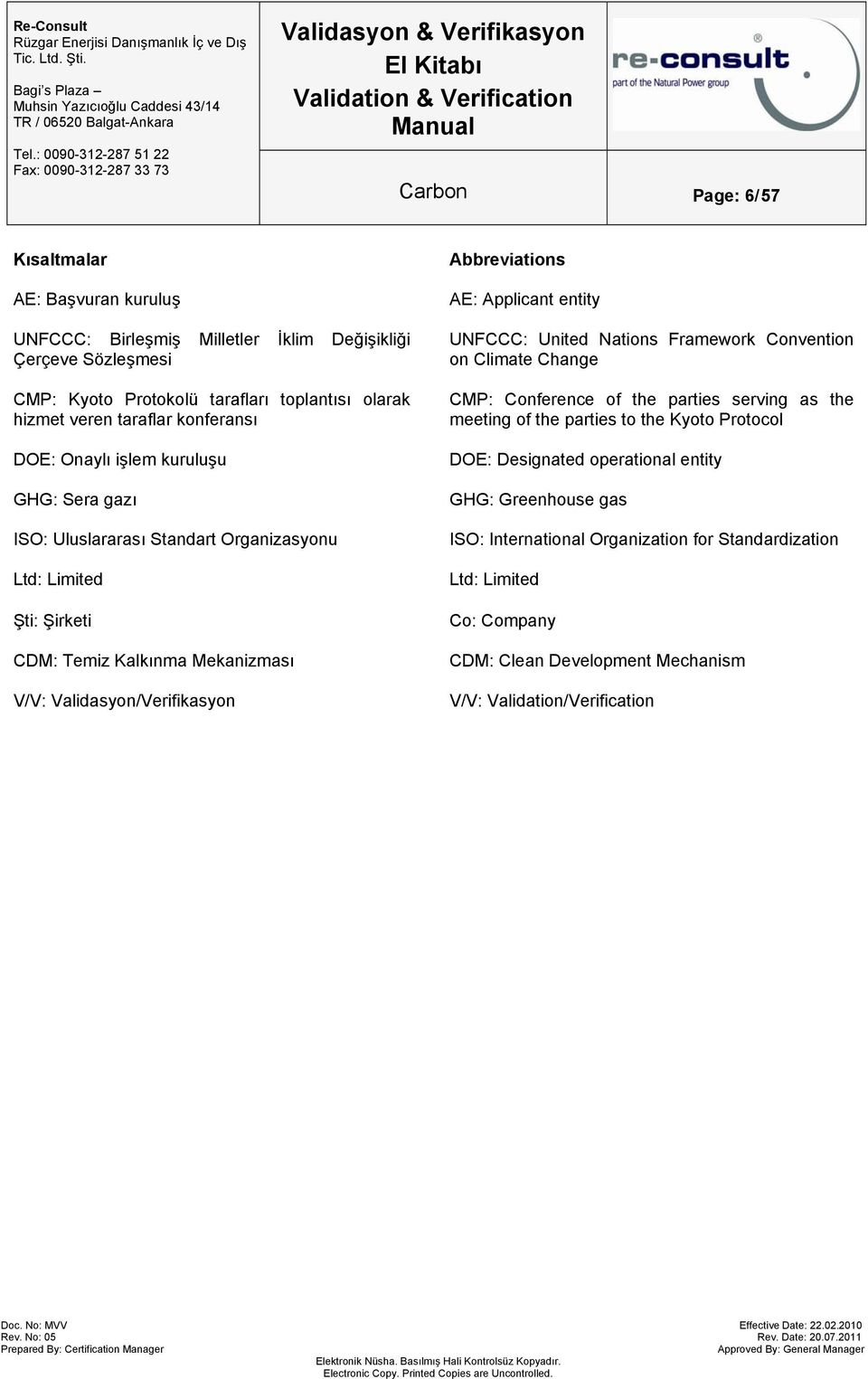 Mekanizması V/V: Validasyon/Verifikasyon UNFCCC: United Nations Framework Convention on Climate Change CMP: Conference of the parties serving as the meeting of the parties to the Kyoto