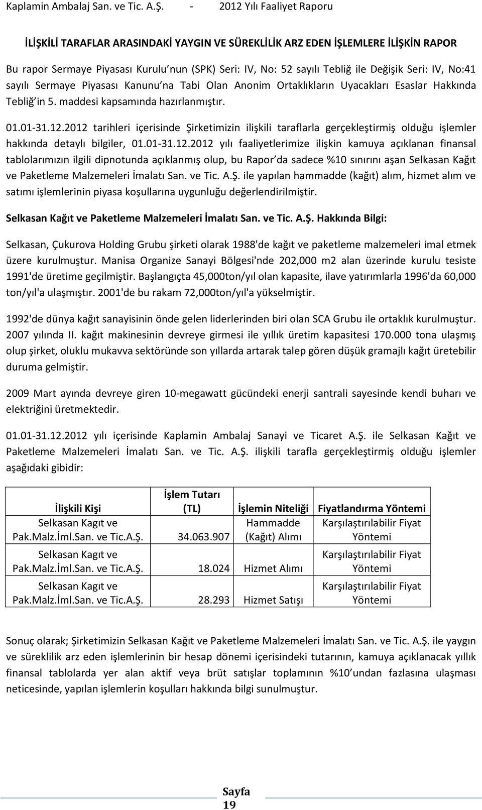 2012 tarihleri içerisinde Şirketimizin ilişkili taraflarla gerçekleştirmiş olduğu işlemler hakkında detaylı bilgiler, 01.01-31.12.2012 yılı faaliyetlerimize ilişkin kamuya açıklanan finansal