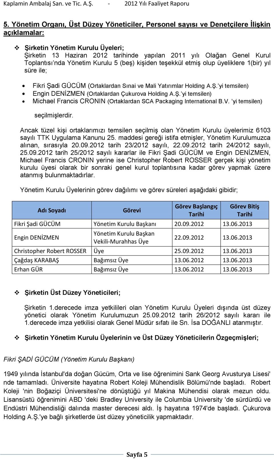 Ş. yi temsilen) Michael Francis CRONIN (Ortaklardan SCA Packaging International B.V. yi temsilen) seçilmişlerdir.