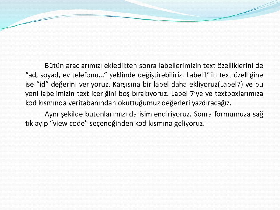 Karşısına bir label daha ekliyoruz(label7) ve bu yeni labelimizin text içeriğini boş bırakıyoruz.