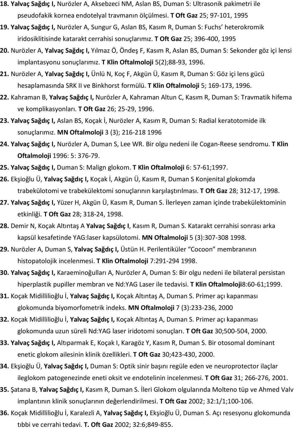 Nurözler A, Yalvaç Sağdıç I, Yılmaz Ö, Öndeş F, Kasım R, Aslan BS, Duman S: Sekonder göz içi lensi implantasyonu sonuçlarımız. T Klin Oftalmoloji 5(2);88-93, 1996. 21.