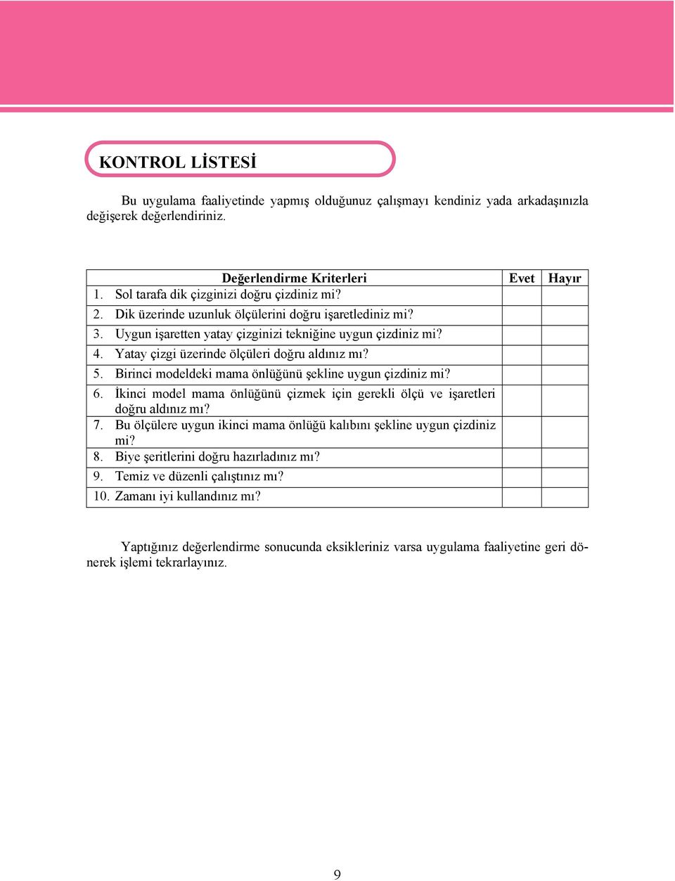 Birinci modeldeki mama önlüğünü şekline uygun çizdiniz mi? 6. İkinci model mama önlüğünü çizmek için gerekli ölçü ve işaretleri doğru aldınız mı? 7.