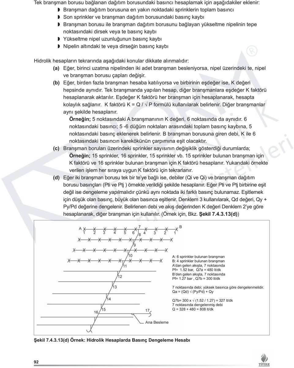 Nipelin altındaki te veya dirseğin basınç kaybı Hidrolik hesapların tekrarında aşağıdaki konular dikkate alınmalıdır: (a) Eğer, birinci uzatma nipelinden iki adet branşman besleniyorsa, nipel
