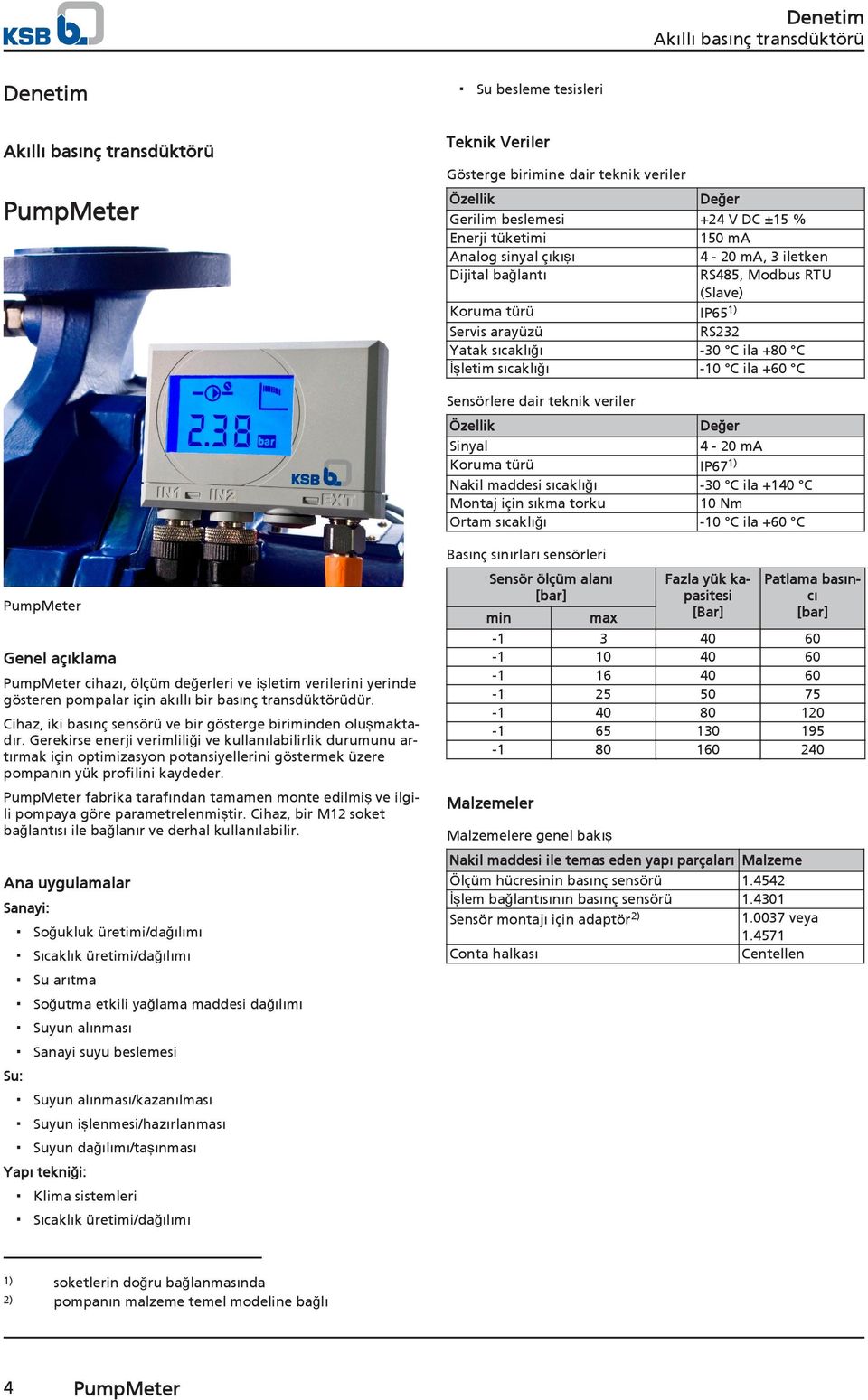 Sinyal Koruma türü Nakil maddesi sıcaklığı Montaj için sıkma torku Ortam sıcaklığı Değer 4-20 ma IP671) -30 C ila +140 C 10 Nm 0 C ila +60 C Basınç sınırları sensörleri PumpMeter Genel açıklama