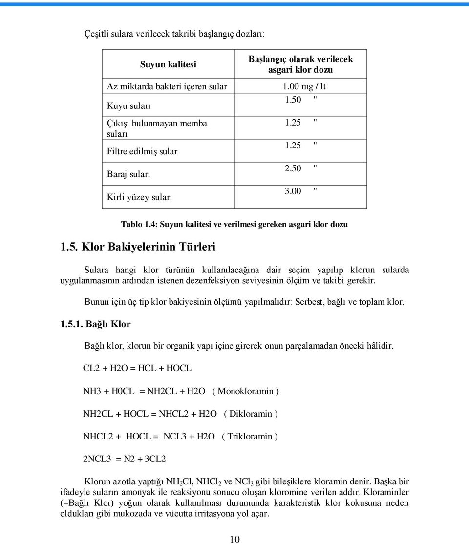 " 1.25 " 1.25 " 2.50 " 3.00 " Tablo 1.4: Suyun kalitesi ve verilmesi gereken asgari klor dozu 1.5. Klor Bakiyelerinin Türleri Sulara hangi klor türünün kullanılacağına dair seçim yapılıp klorun sularda uygulanmasının ardından istenen dezenfeksiyon seviyesinin ölçüm ve takibi gerekir.