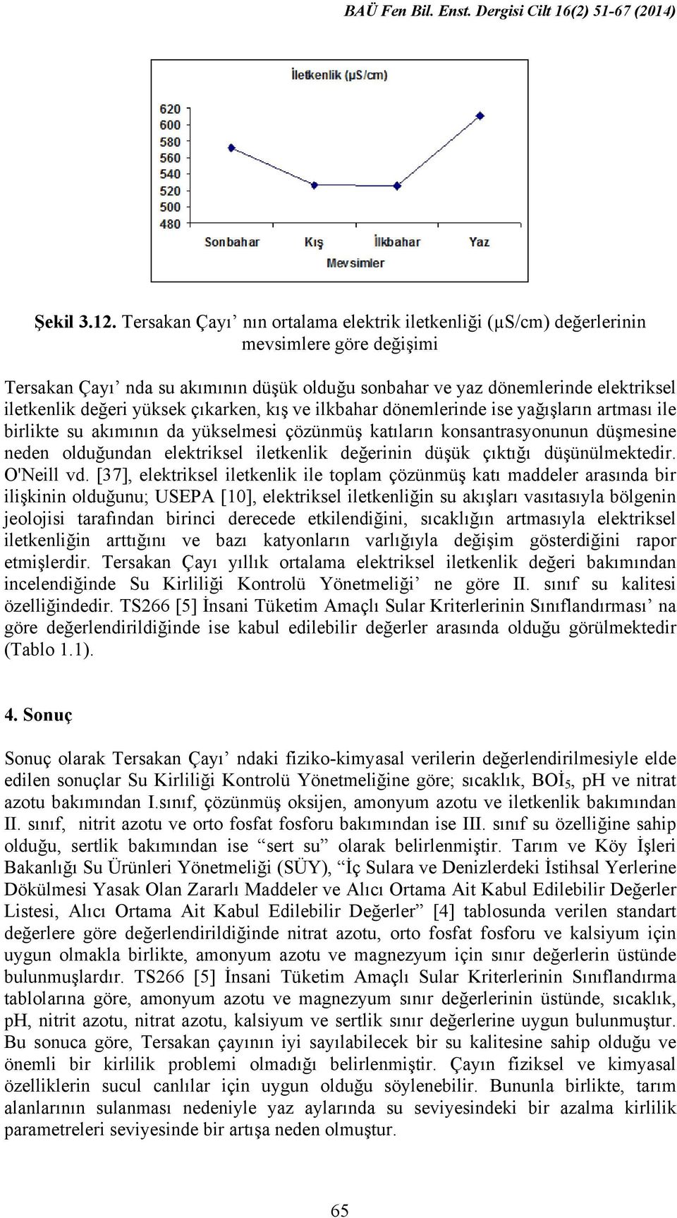 ilkbahar dönemlerinde ise yağışların artması ile birlikte su akımının da yükselmesi çözünmüş katıların konsantrasyonunun düşmesine neden olduğundan elektriksel iletkenlik değerinin düşük çıktığı