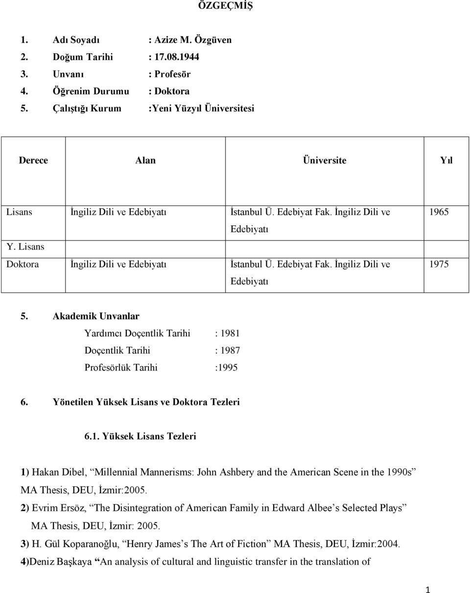 Lisans Doktora İngiliz Dili ve Edebiyatı İstanbul Ü. Edebiyat Fak. İngiliz Dili ve Edebiyatı 1965 1975 5.