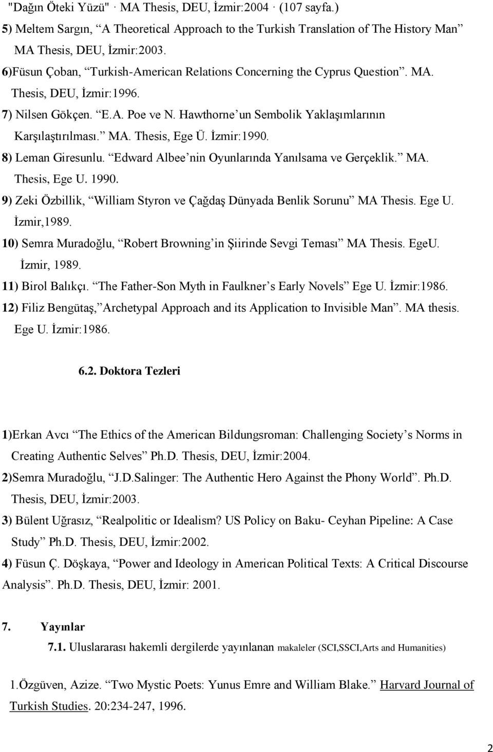 İzmir:199. 8) Leman Giresunlu. Edward Albee nin Oyunlarında Yanılsama ve Gerçeklik. MA. Thesis, Ege U. 199. 9) Zeki Özbillik, William Styron ve Çağdaş Dünyada Benlik Sorunu MA Thesis. Ege U. İzmir,1989.