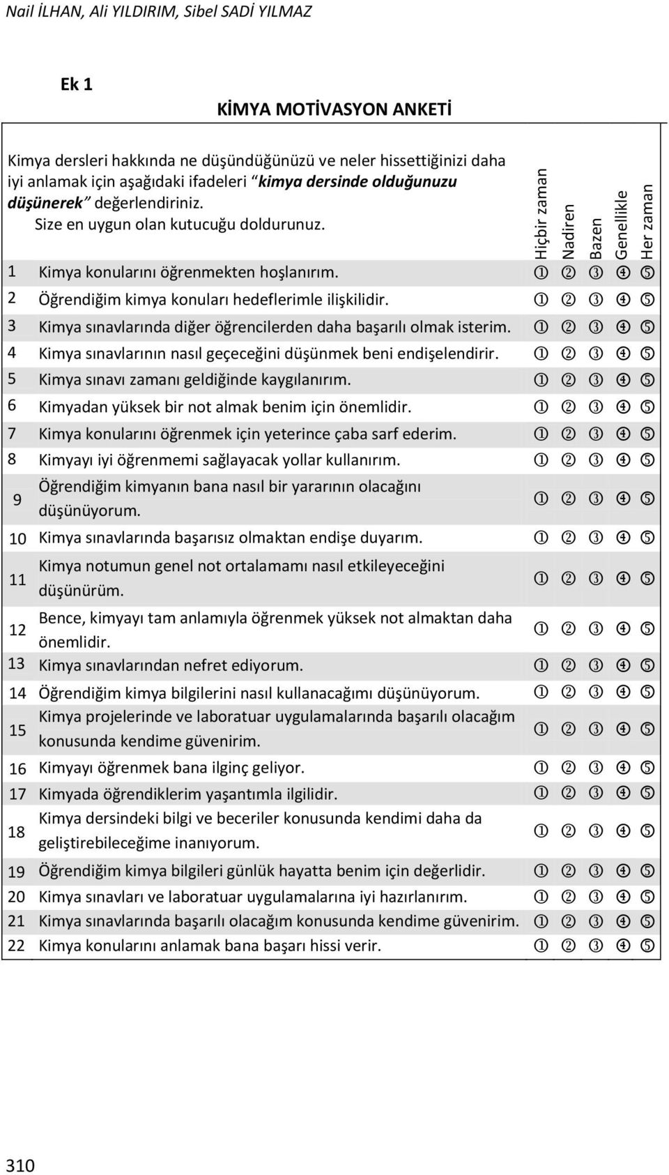 3 Kimya sınavlarında diğer öğrencilerden daha başarılı olmak isterim. 4 Kimya sınavlarının nasıl geçeceğini düşünmek beni endişelendirir. 5 Kimya sınavı zamanı geldiğinde kaygılanırım.