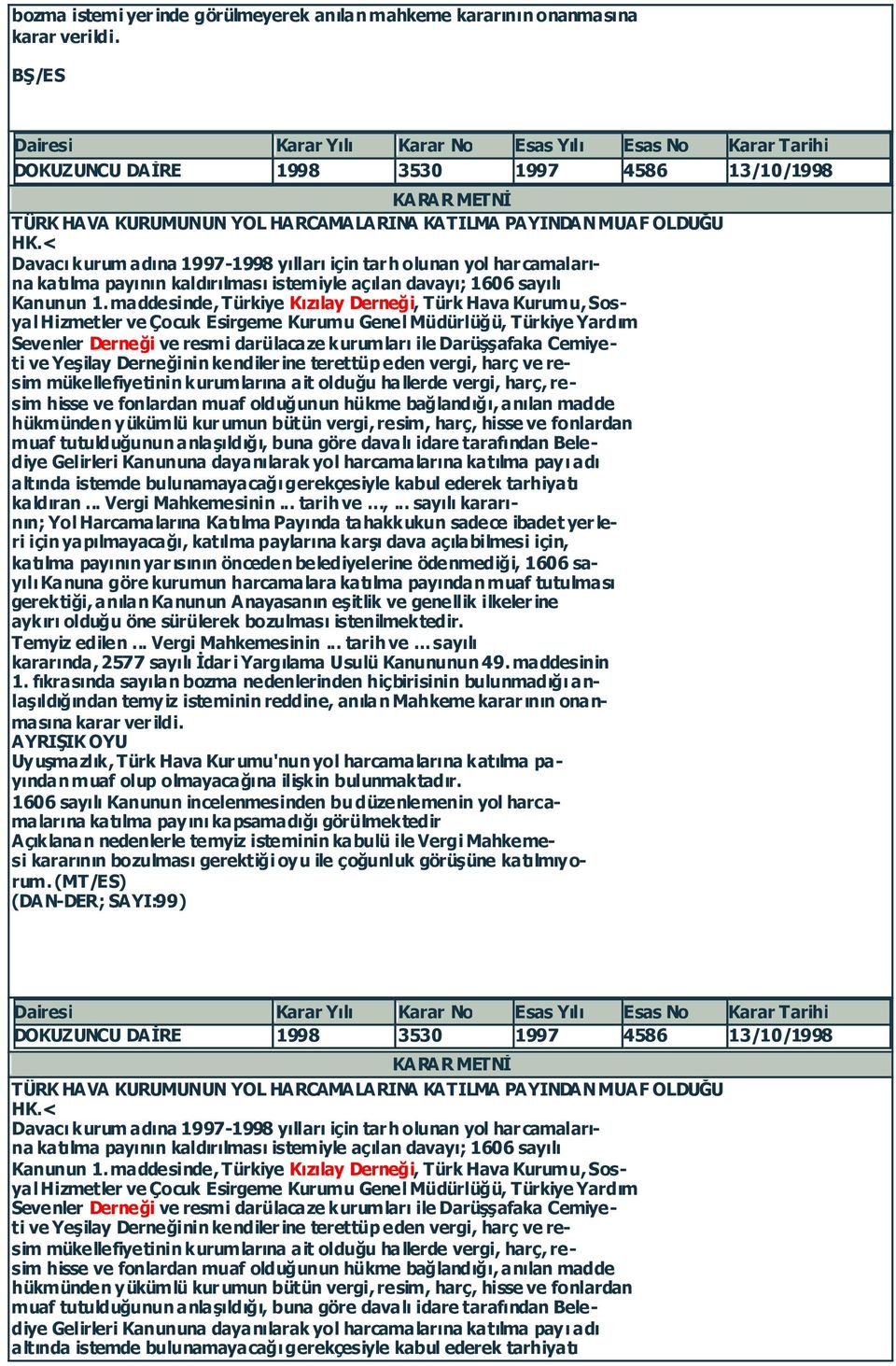 < Davacı kurum adına 1997-1998 yılları için tarh olunan yol harcamalarına katılma payının kaldırılması istemiyle açılan davayı; 1606 sayılı Kanunun 1.