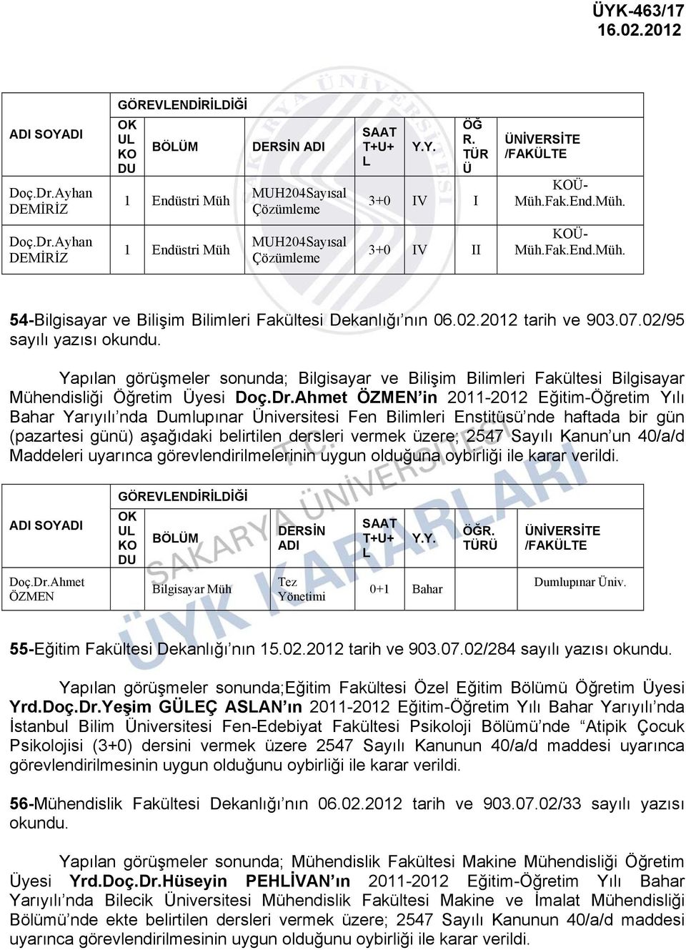 02/95 sayılı yazısı Yapılan görüşmeler sonunda; Bilgisayar ve Bilişim Bilimleri Fakültesi Bilgisayar Mühendisliği Öğretim Üyesi Doç.Dr.