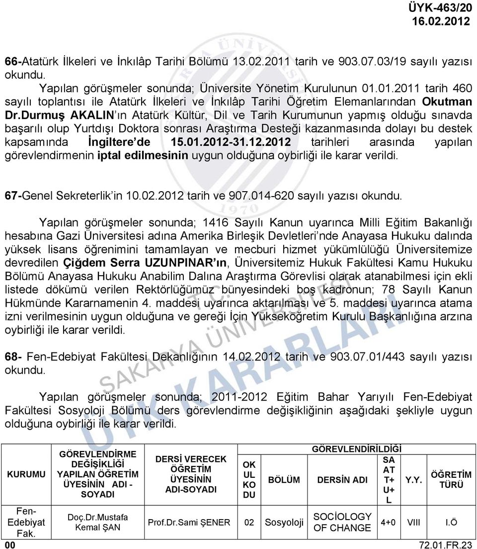 2012-31.12.2012 tarihleri arasında yapılan görevlendirmenin iptal edilmesinin uygun olduğuna oybirliği ile karar verildi. 67-Genel Sekreterlik in 10.02.2012 tarih ve 907.