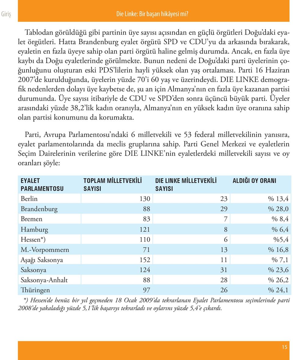 Bunun nedeni de Doğu daki parti üyelerinin çoğunluğunu oluşturan eski PDS lilerin hayli yüksek olan yaş ortalaması. Parti 16 Haziran 2007 de kurulduğunda, üyelerin yüzde 70 i 60 yaş ve üzerindeydi.