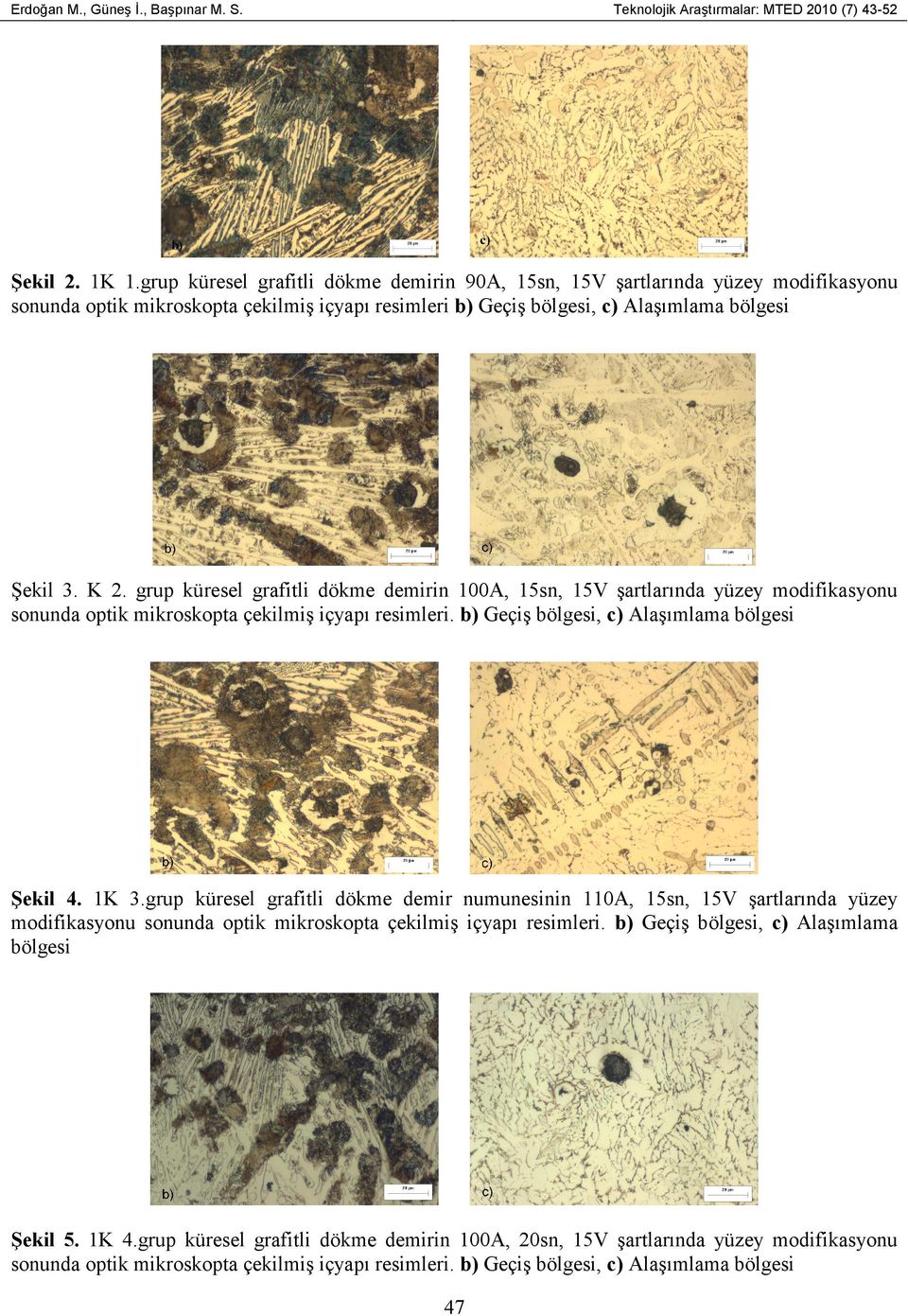 bölgesi Şekil 3. K 2. grup küresel grafitli dökme demirin 100A, 15sn, 15V şartlarında yüzey modifikasyonu Şekil 4. 1K 3.