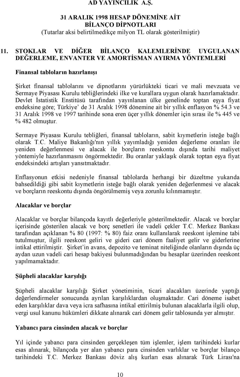 Devlet İstatistik Enstitüsü tarafından yayınlanan ülke genelinde toptan eşya fiyat endeksine göre; Türkiye de 31 Aralık 1998 dönemine ait bir yıllık enflasyon % 54.