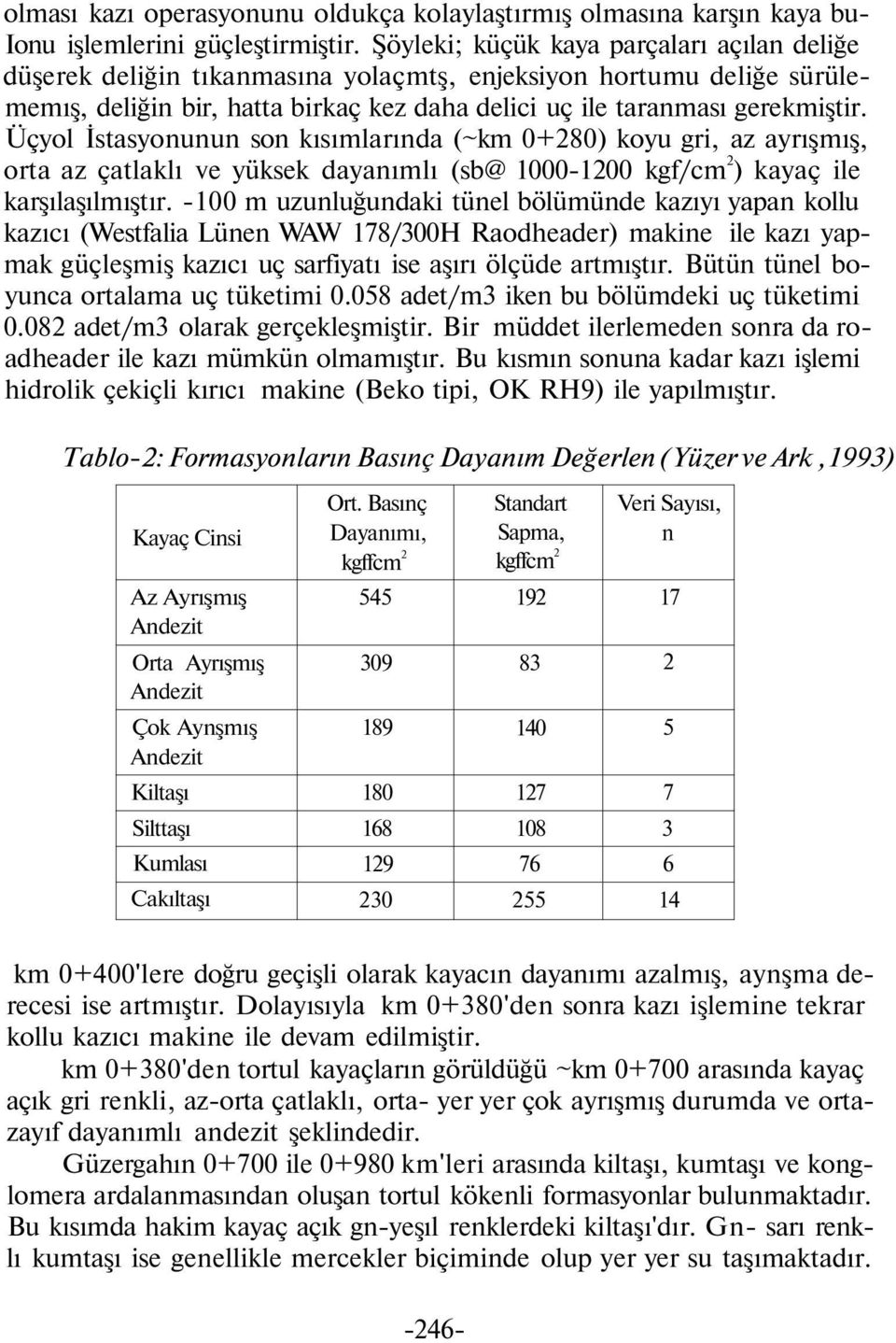 Üçyol İstasyonunun son kısımlarında (~km 0+280) koyu gri, az ayrışmış, orta az çatlaklı ve yüksek dayanımlı (sb@ 1000-1200 kgf/cm 2 ) kayaç ile karşılaşılmıştır.