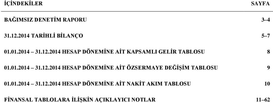 2014 HESAP DÖNEMİNE AİT KAPSAMLI GELİR TABLOSU 8 01.01.2014 31.12.