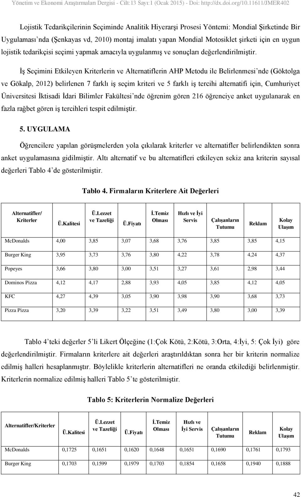 İş Seçimini Etkileyen Kriterlerin ve Alternatiflerin AHP Metodu ile Belirlenmesi nde (Göktolga ve Gökalp, 2012) belirlenen 7 farklı iş seçim kriteri ve 5 farklı iş tercihi alternatifi için,