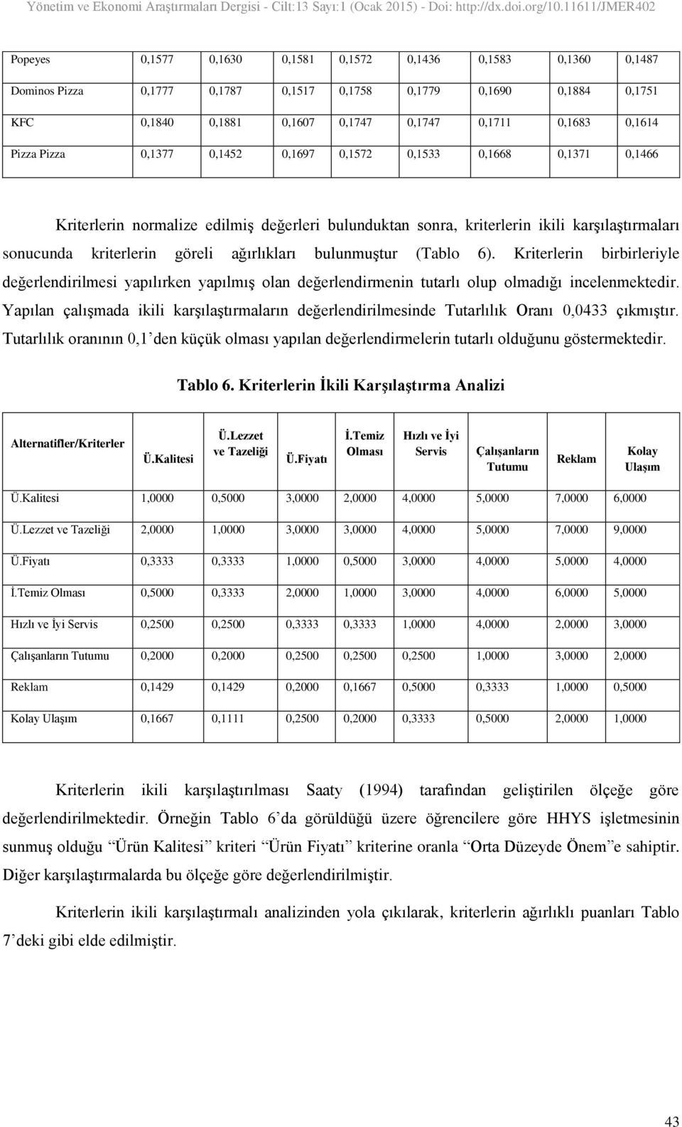 bulunmuştur (Tablo 6). Kriterlerin birbirleriyle değerlendirilmesi yapılırken yapılmış olan değerlendirmenin tutarlı olup olmadığı incelenmektedir.