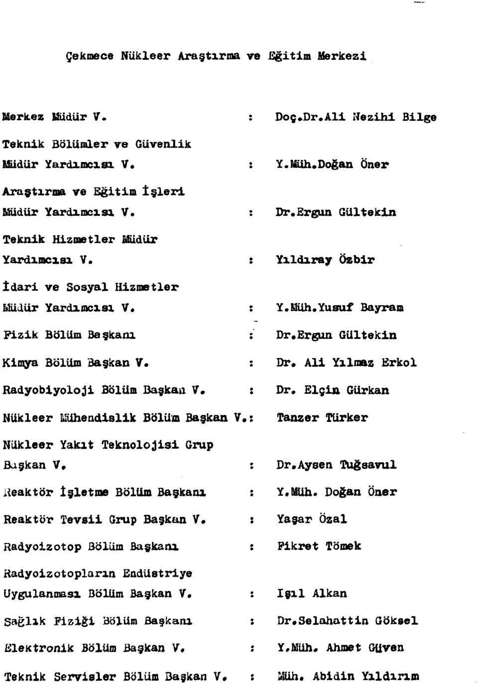Nükleer Yakıt Teknolojisi Grup Başkan V* iieaktör İşletme Bölüm Başkanı Reaktör Tevsii Grup Başkan V. Radyoizotop Bölüm Başkanı Radyoizotopların Endüstriye Uygulanması Bölüm Başkan V.