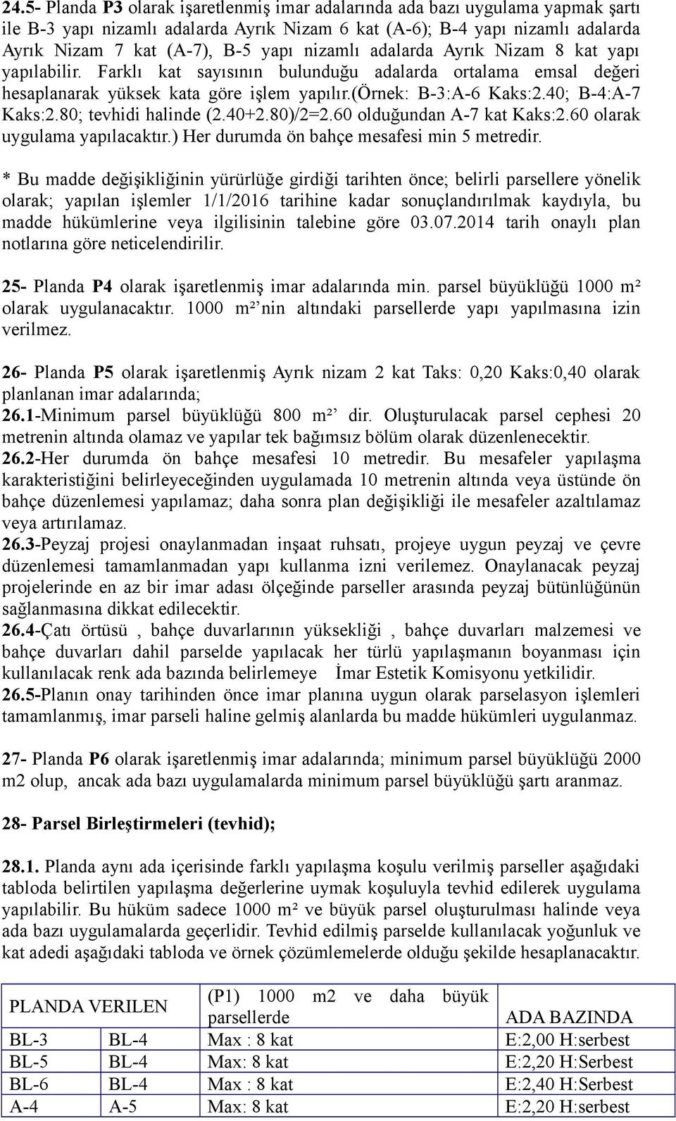 40; B-4:A-7 Kaks:2.80; tevhidi halinde (2.40+2.80)/2=2.60 olduğundan A-7 kat Kaks:2.60 olarak uygulama yapılacaktır.) Her durumda ön bahçe mesafesi min 5 metredir.