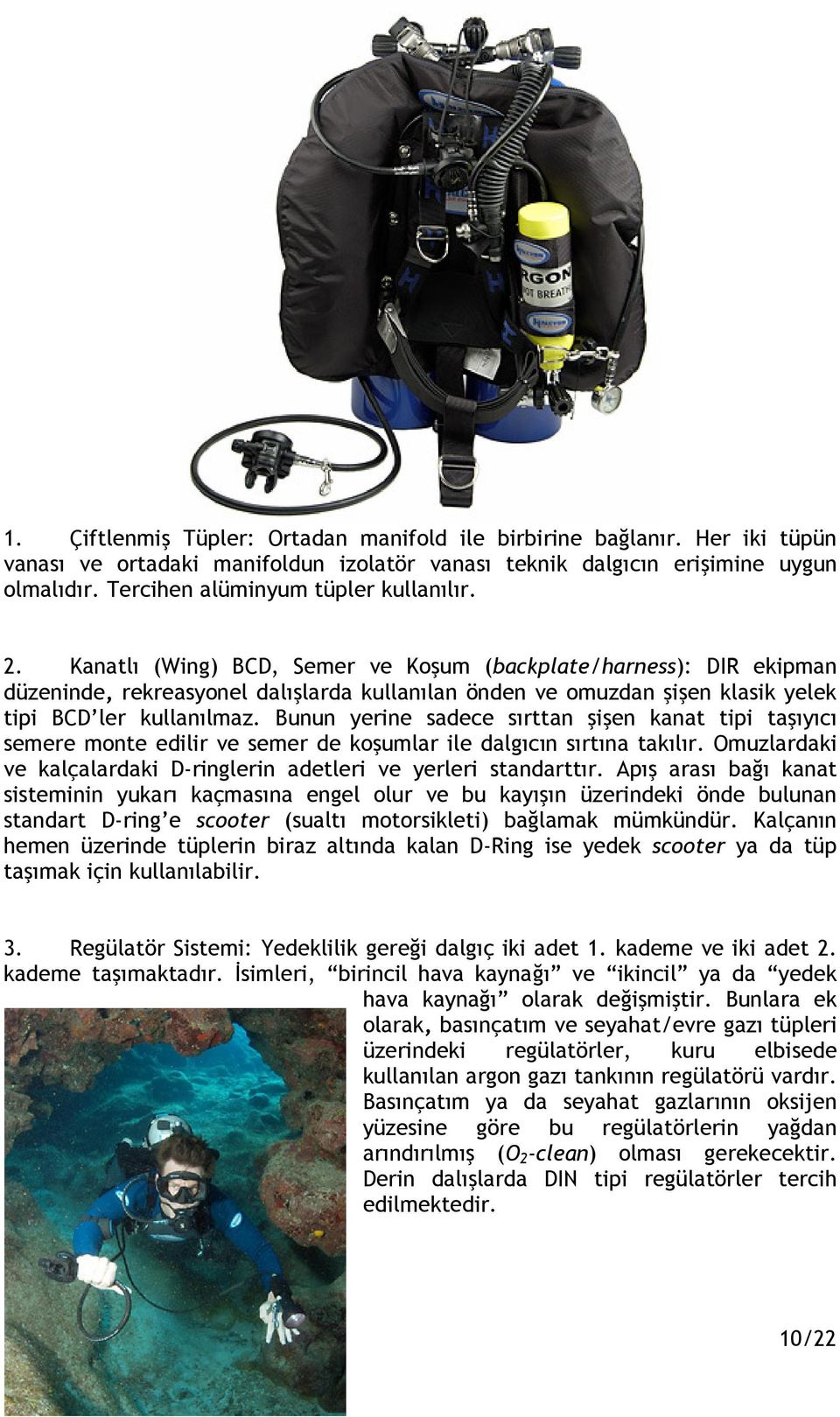 Kanatlı (Wing) BCD, Semer ve Koşum (backplate/harness): DIR ekipman düzeninde, rekreasyonel dalışlarda kullanılan önden ve omuzdan şişen klasik yelek tipi BCD ler kullanılmaz.