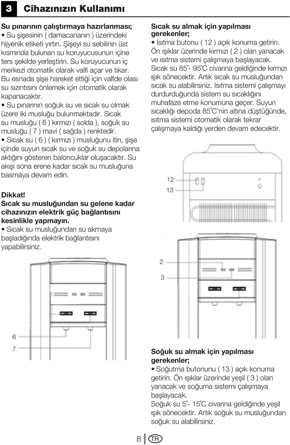 Bu esnada şişe hareket ettiği için valfde olası su sızıntısını önlemek için otomatik olarak kapanacaktır. Su pınarının soğuk su ve sıcak su olmak üzere iki musluğu bulunmaktadır.