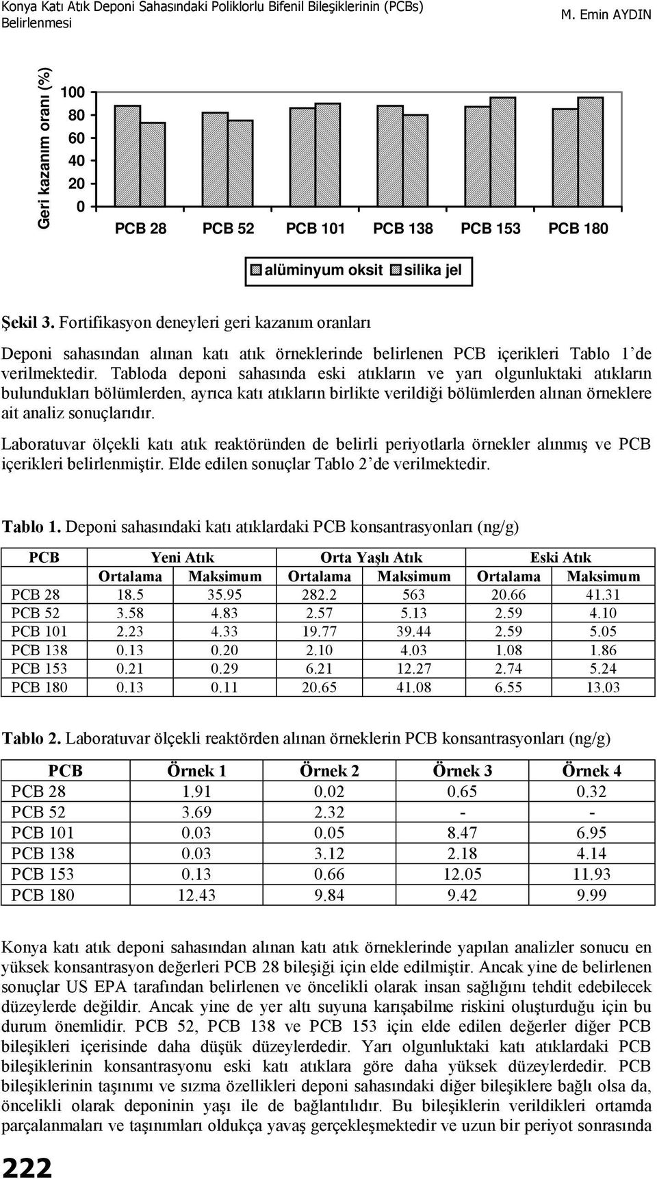 Tabloda deponi sahasında eski atıkların ve yarı olgunluktaki atıkların bulundukları bölümlerden, ayrıca katı atıkların birlikte verildiği bölümlerden alınan örneklere ait analiz sonuçlarıdır.