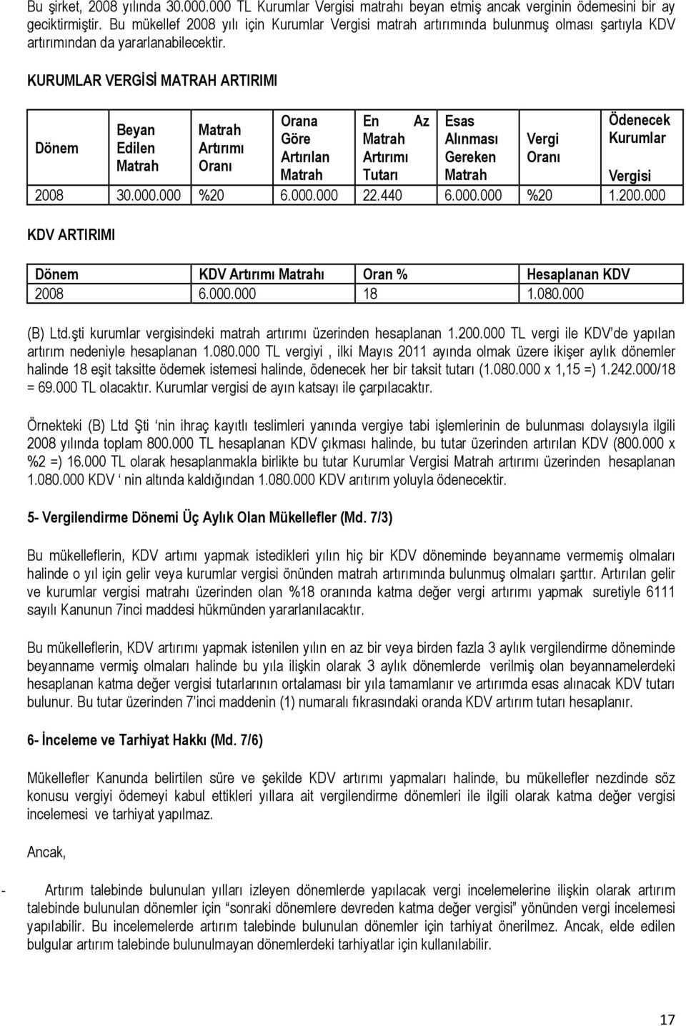 KURUMLAR VERGİSİ MATRAH ARTIRIMI Orana En Az Esas Ödenecek Beyan Göre Alınması Kurumlar Dönem Edilen Artırılan Gereken si 2008 30.000.000 %20 6.000.000 22.440 6.000.000 %20 1.200.000 KDV ARTIRIMI Dönem KDV ı Oran % Hesaplanan KDV 2008 6.