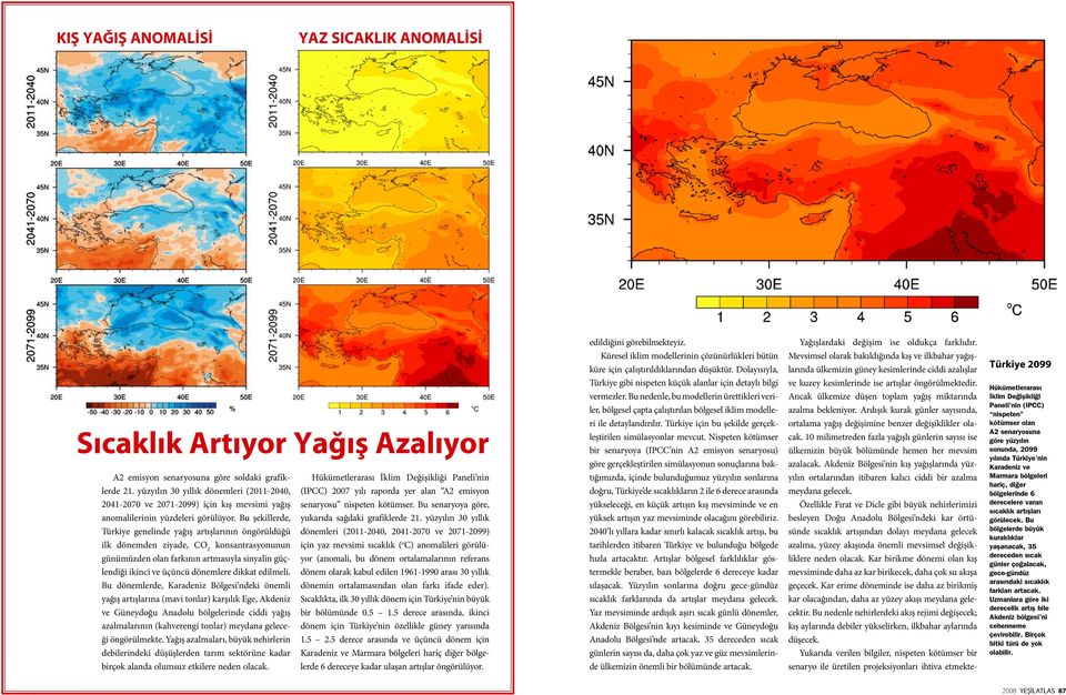 Dolayısıyla, Mevsimsel olarak bakıldığında kış ve ilkbahar yağışlarında ülkemizin güney kesimlerinde ciddi azalışlar Türkiye 2099 Sıcaklık Artıyor Yağış Azalıyor A2 emisyon senaryosuna göre soldaki