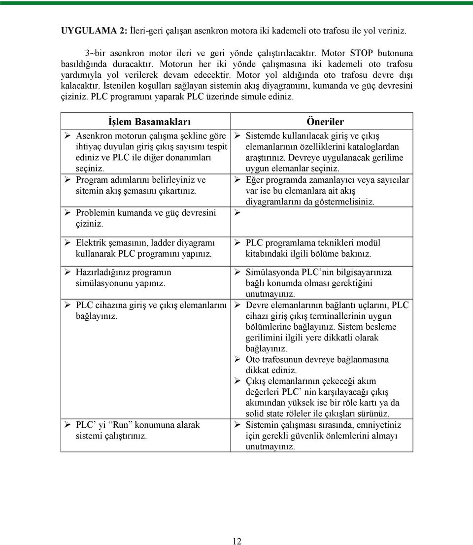 İstenilen koşulları sağlayan sistemin akış diyagramını, kumanda ve güç devresini çiziniz. PLC programını yaparak PLC üzerinde simule ediniz.