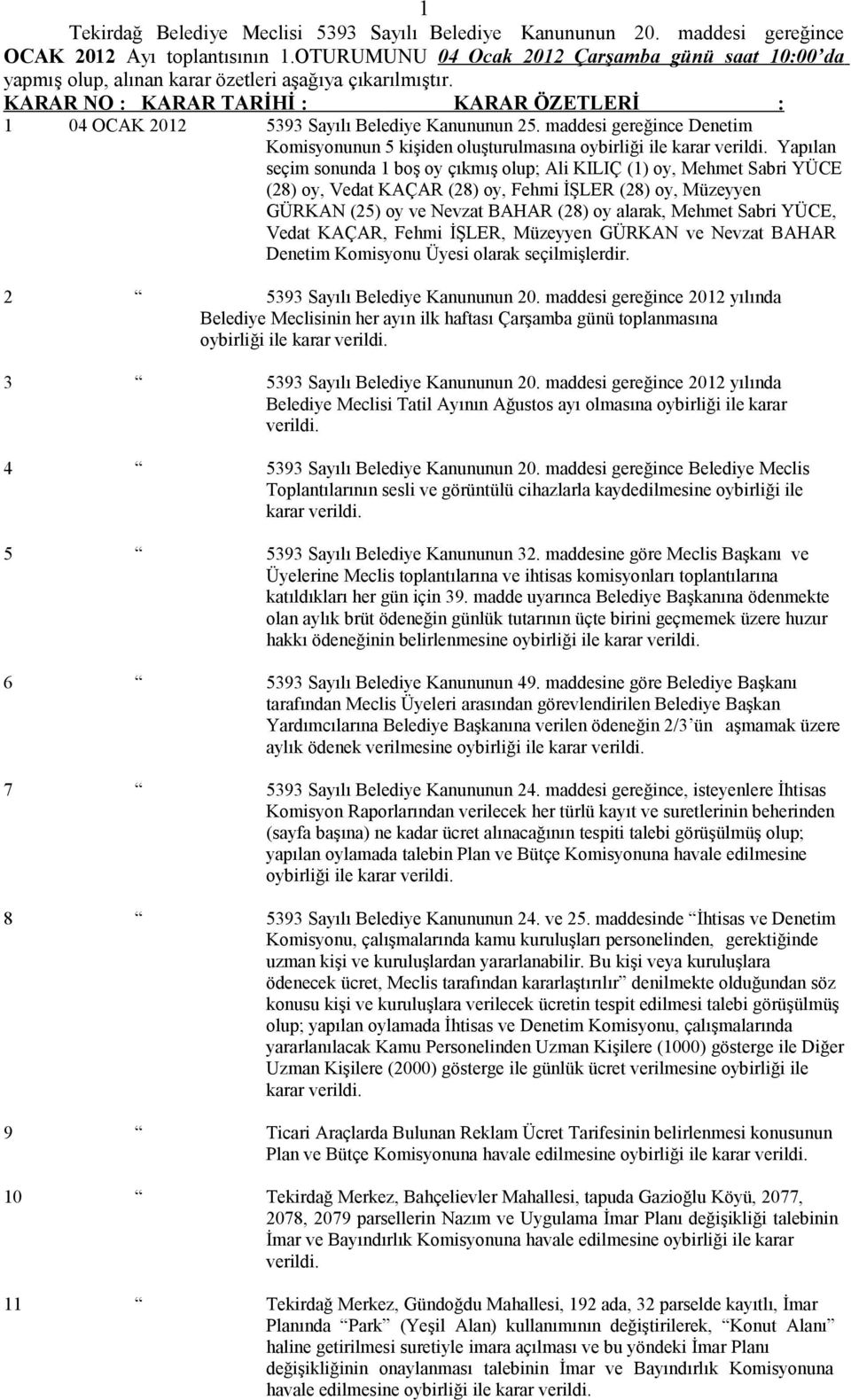 maddesi gereğince Denetim Komisyonunun 5 kişiden oluşturulmasına Yapılan seçim sonunda 1 boş oy çıkmış olup; Ali KILIÇ (1) oy, Mehmet Sabri YÜCE (28) oy, Vedat KAÇAR (28) oy, Fehmi İŞLER (28) oy,