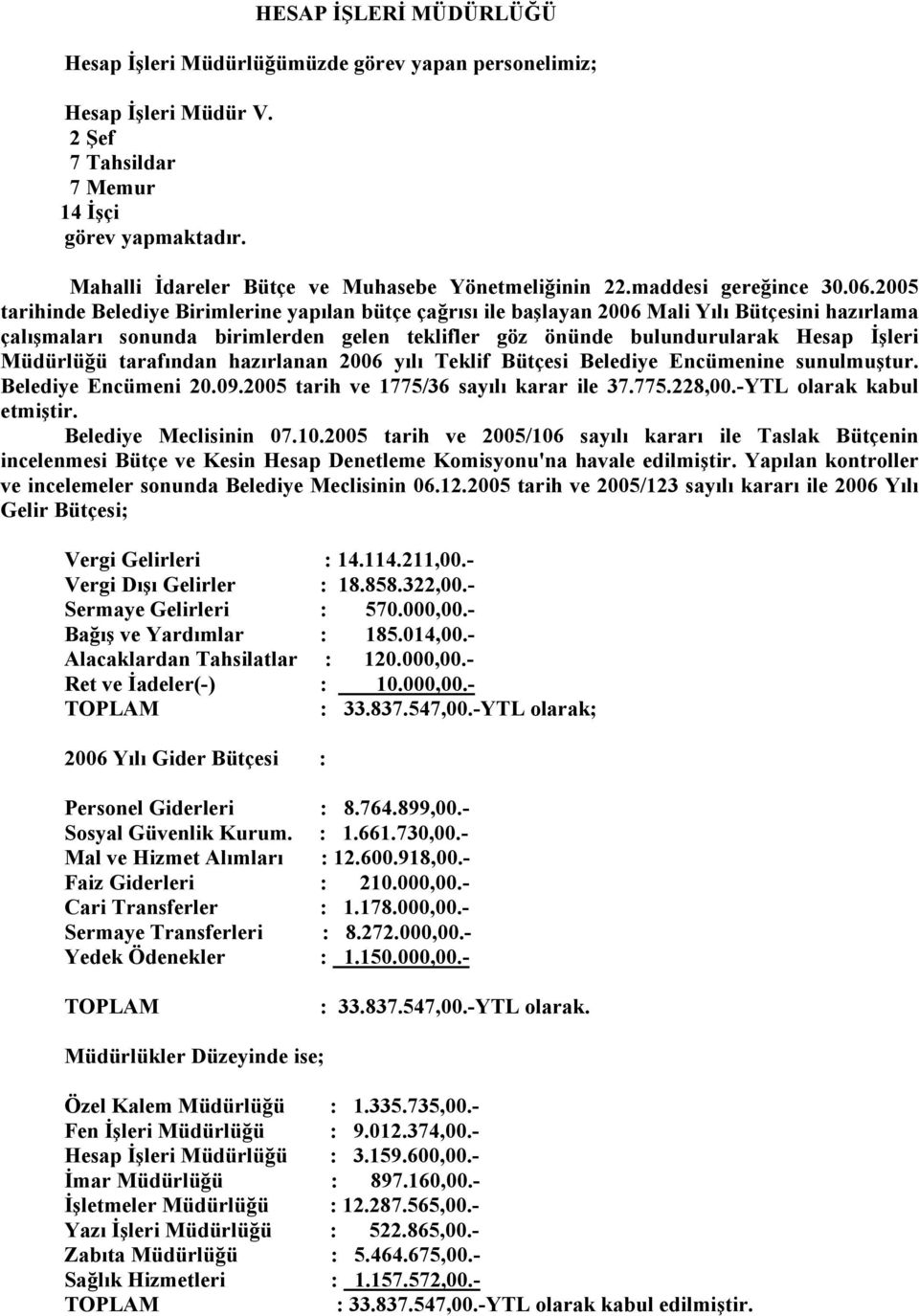 2005 tarihinde Belediye Birimlerine yapılan bütçe çağrısı ile başlayan 2006 Mali Yılı Bütçesini hazırlama çalışmaları sonunda birimlerden gelen teklifler göz önünde bulundurularak Hesap İşleri