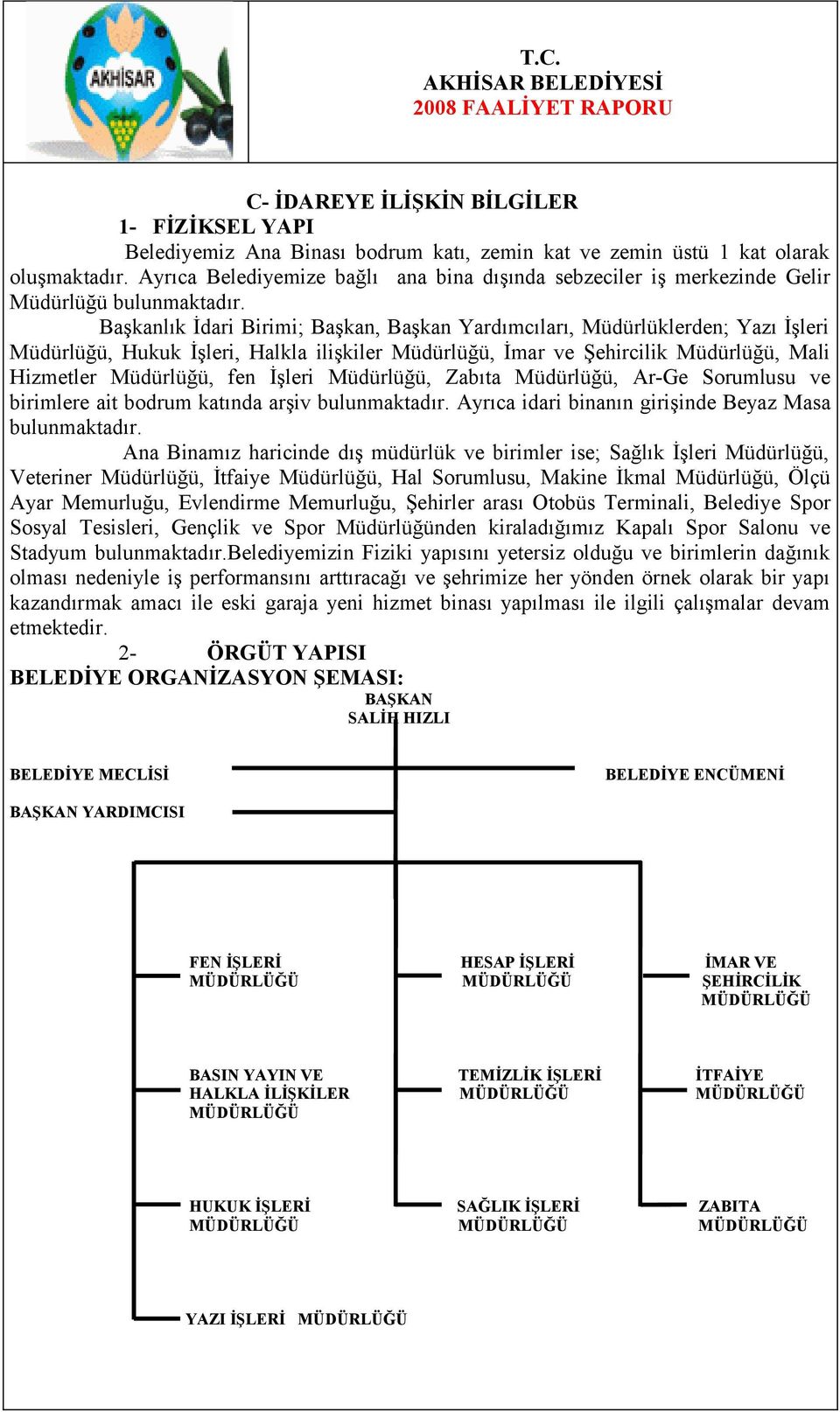 Başkanlık İdari Birimi; Başkan, Başkan Yardımcıları, Müdürlüklerden; Yazı İşleri Müdürlüğü, Hukuk İşleri, Halkla ilişkiler Müdürlüğü, İmar ve Şehircilik Müdürlüğü, Mali Hizmetler Müdürlüğü, fen