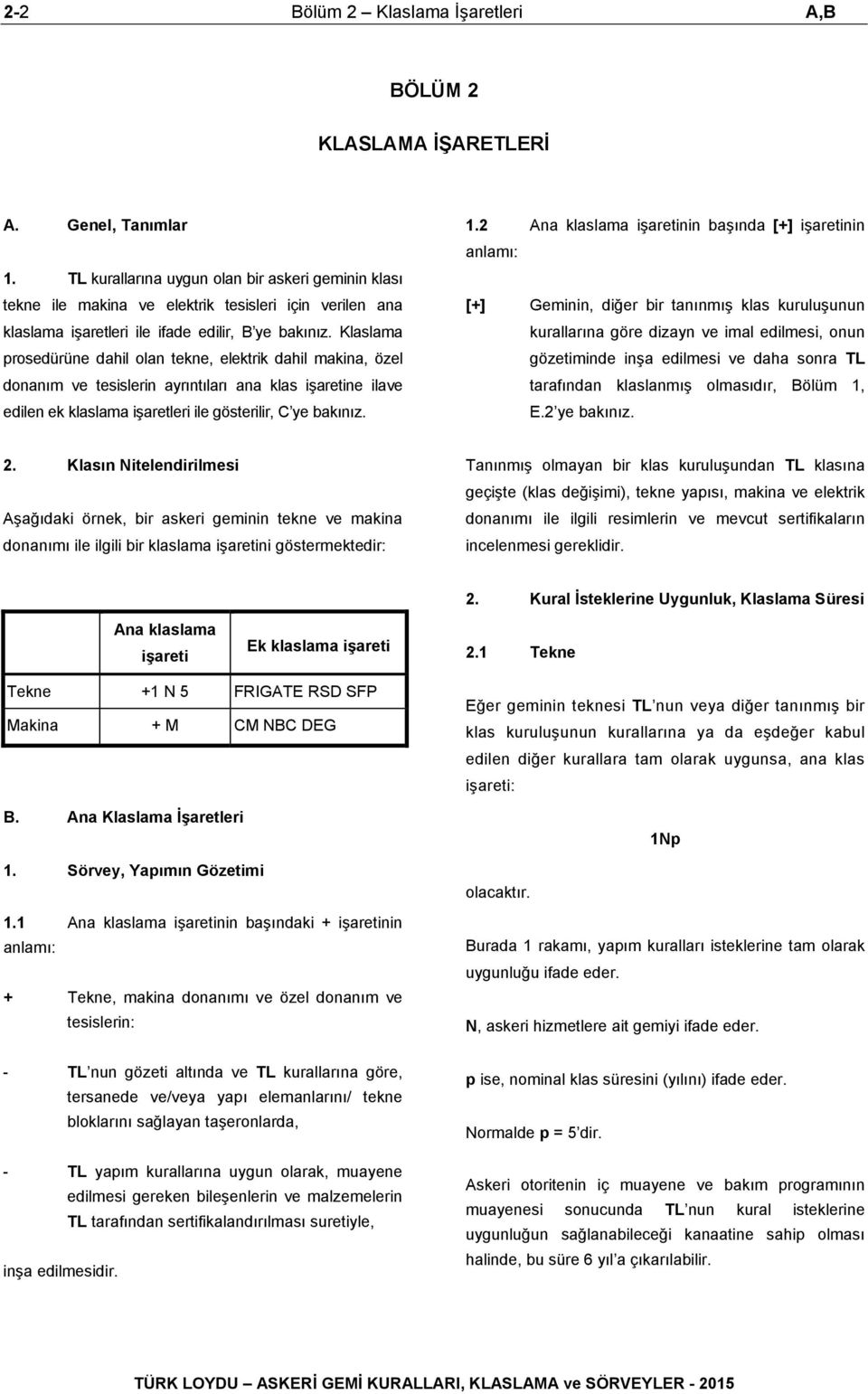 Klaslama prosedürüne dahil olan tekne, elektrik dahil makina, özel donanım ve tesislerin ayrıntıları ana klas işaretine ilave edilen ek klaslama işaretleri ile gösterilir, C ye bakınız. 1.