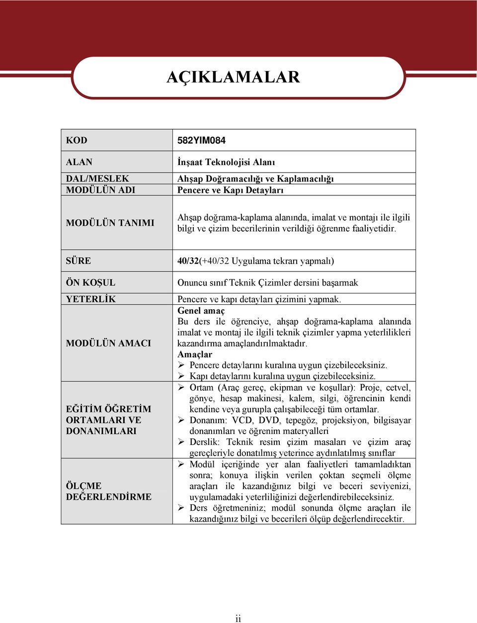 SÜRE ÖN KOŞUL YETERLİK MODÜLÜN AMACI EĞİTİM ÖĞRETİM ORTAMLARI VE DONANIMLARI ÖLÇME DEĞERLENDİRME 40/32(+40/32 Uygulama tekrarı yapmalı) Onuncu sınıf Teknik Çizimler dersini başarmak Pencere ve kapı