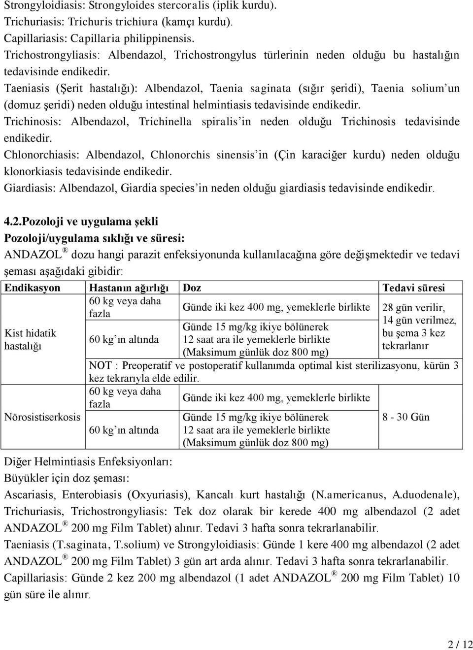 Taeniasis (Şerit hastalığı): Albendazol, Taenia saginata (sığır şeridi), Taenia solium un (domuz şeridi) neden olduğu intestinal helmintiasis tedavisinde endikedir.