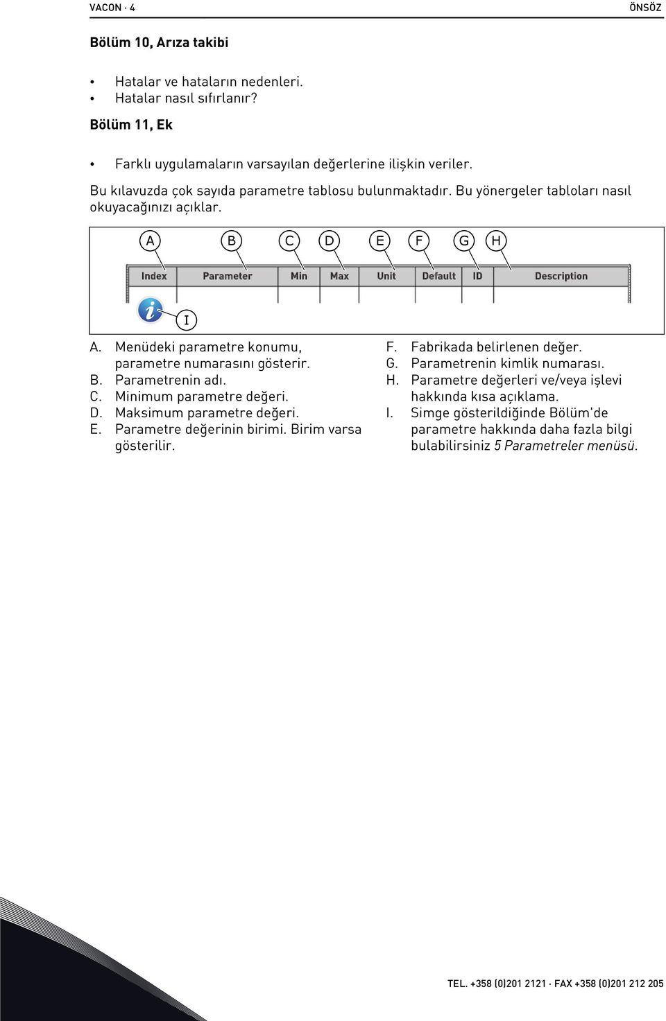 Menüdeki parametre konumu, parametre numarasını gösterir. B. Parametrenin adı. C. Minimum parametre değeri. D. Maksimum parametre değeri. E. Parametre değerinin birimi. Birim varsa gösterilir. F.