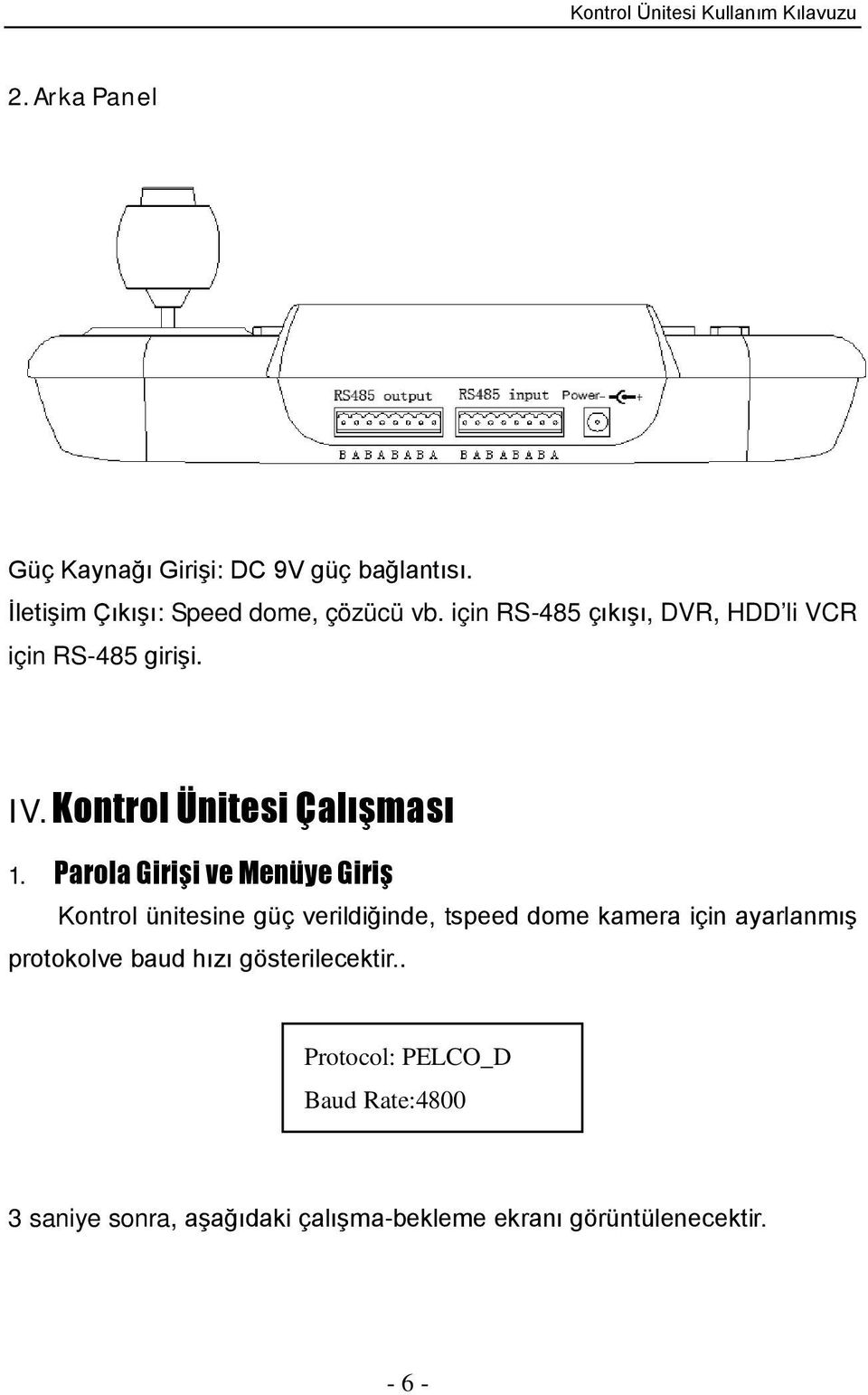 Parola Girişi ve Menüye Giriş Kontrol ünitesine güç verildiğinde, tspeed dome kamera için ayarlanmış