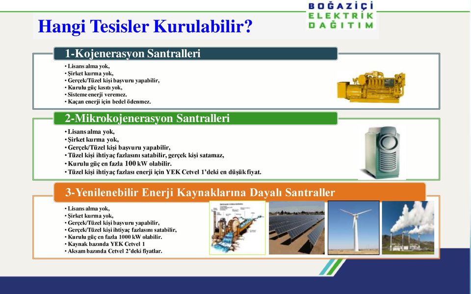 2-Mikrokojenerasyon Santralleri Lisans alma yok, Şirket kurma yok, Gerçek/Tüzel kişi başvuru yapabilir, Tüzel kişi ihtiyaç fazlasını satabilir, gerçek kişi satamaz, Kurulu güç en fazla 100