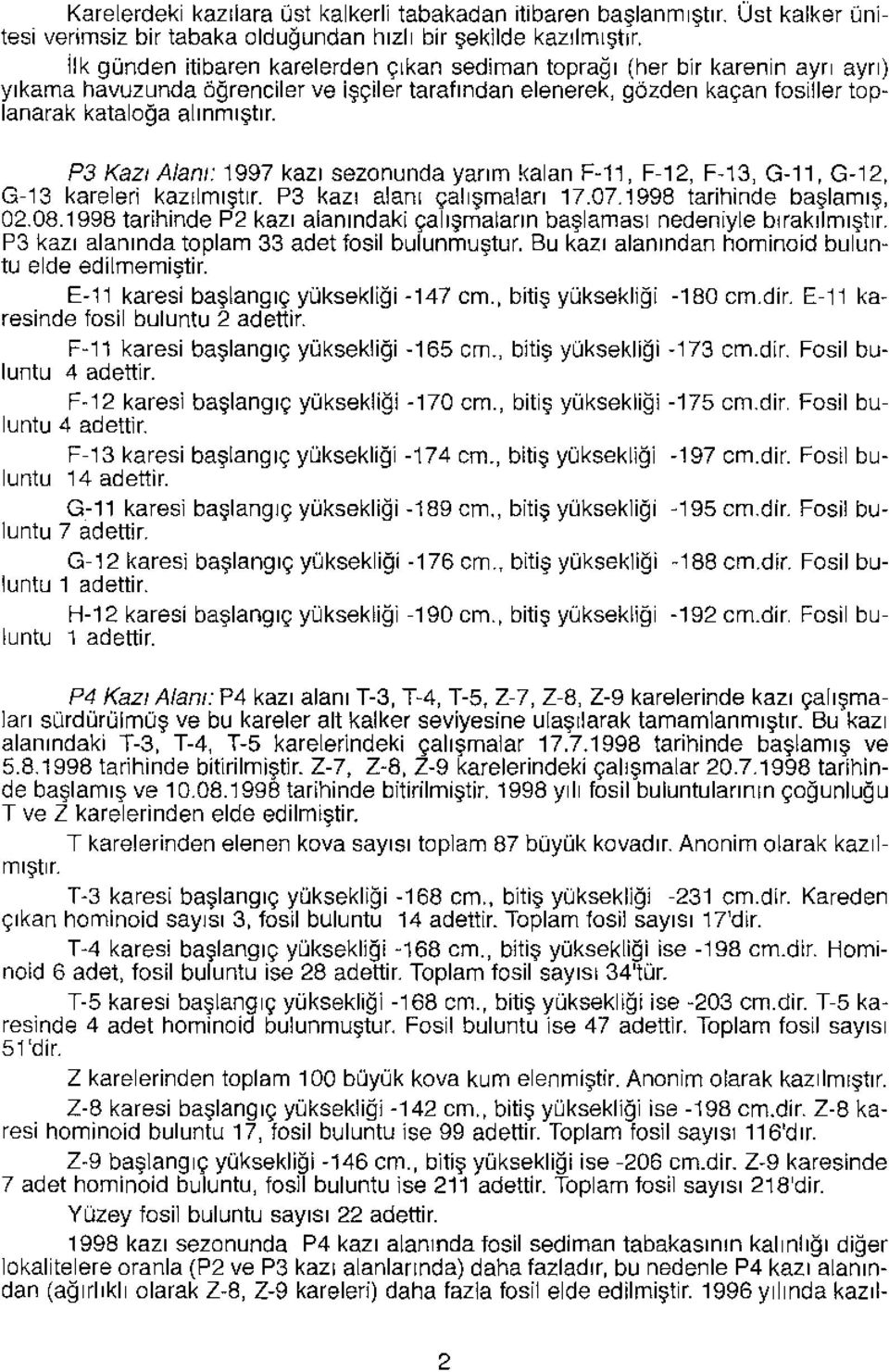 P3 Kazı Alanı: 1997 kazı sezonunda yarım kalan F-11, F-12, F-13, G-11, G-12, G-13 kareleri kazılmıştır. P3 kazı alanı çalışmaları 17.07.1998 tarihinde başlamış, 02.08.