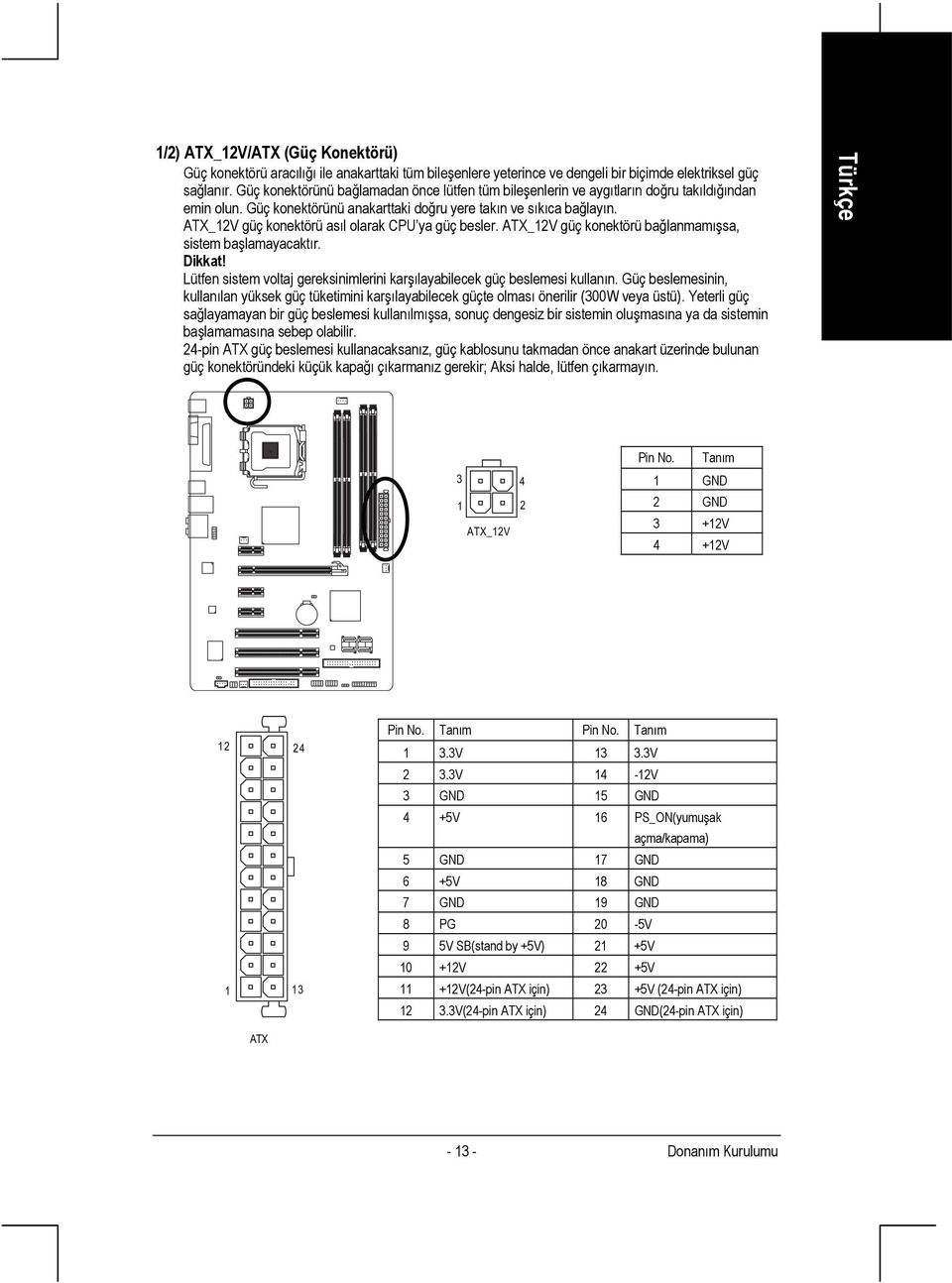 ATX_12V güç konektörü asıl olarak CPU ya güç besler. ATX_12V güç konektörü bağlanmamışsa, sistem başlamayacaktır. Dikkat! Lütfen sistem voltaj gereksinimlerini karşılayabilecek güç beslemesi kullanın.