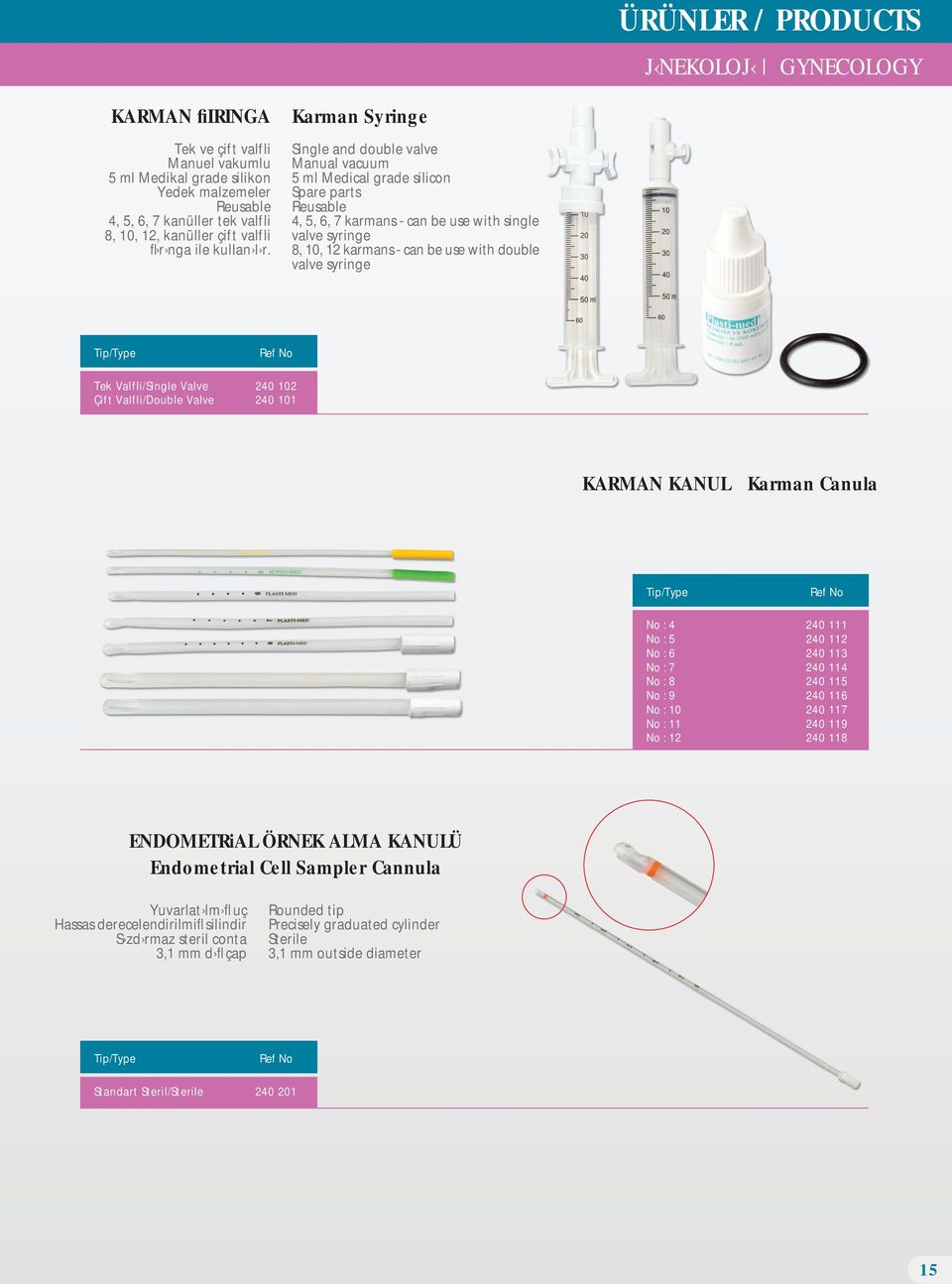 Karman Syringe Single and double valve Manual vacuum 5 ml Medical grade silicon Spare parts Reusable 4, 5, 6, 7 karmans - can be use with single valve syringe 8, 10, 12 karmans - can be use with