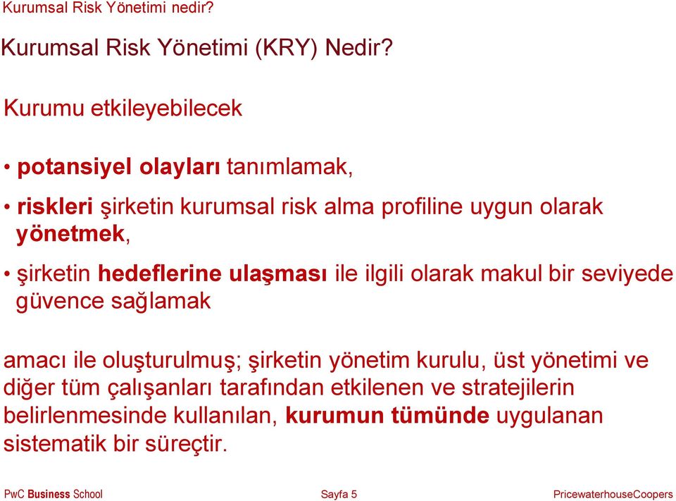 yönetmek, şirketin hedeflerine ulaşmasıile ilgili olarak makul bir seviyede güvence sağlamak amacıile oluşturulmuş;