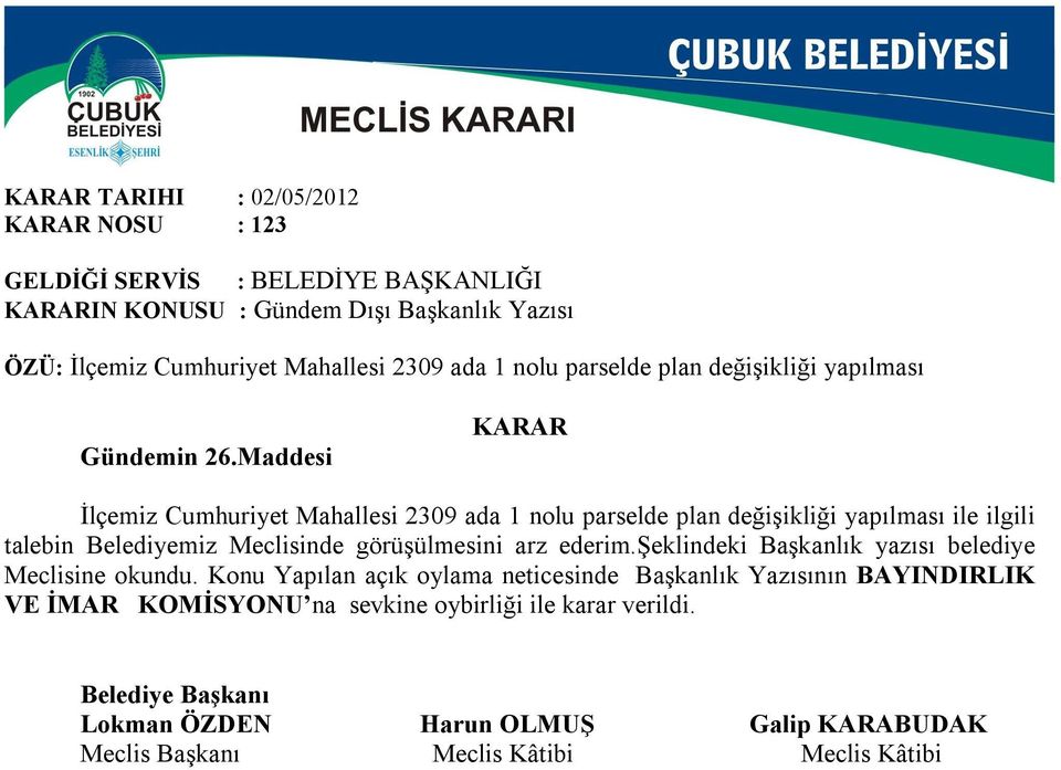 Maddesi İlçemiz Cumhuriyet Mahallesi 2309 ada 1 nolu parselde plan değişikliği yapılması ile ilgili talebin Belediyemiz Meclisinde görüşülmesini