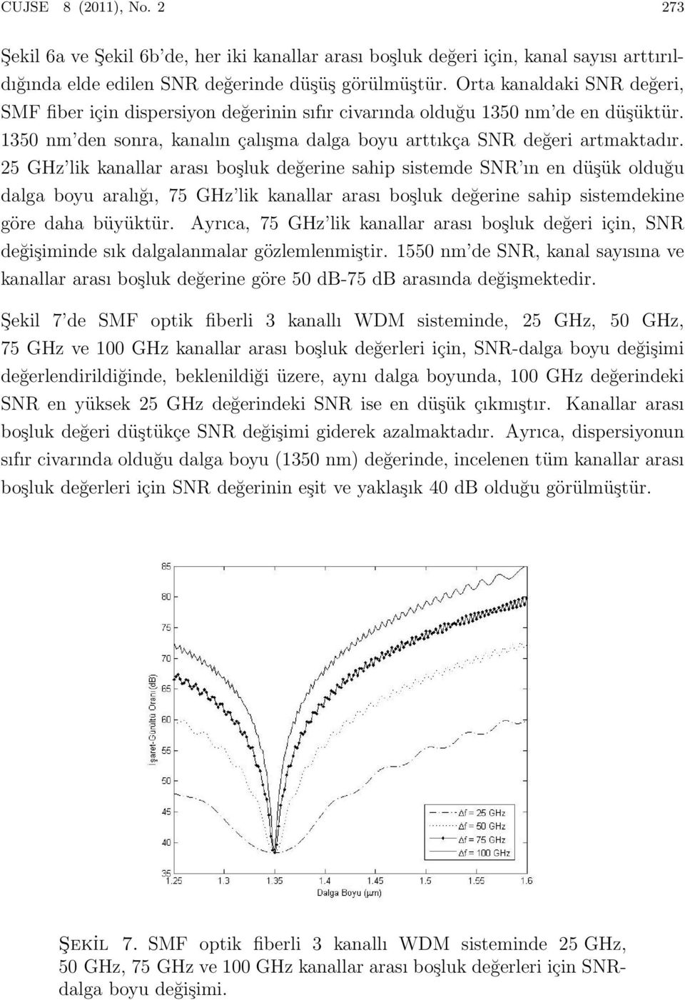 25 GHz lik kanallar arası boşluk değerine sahip sistemde SNR ın en düşük olduğu dalga boyu aralığı, 75 GHz lik kanallar arası boşluk değerine sahip sistemdekine göre daha büyüktür.