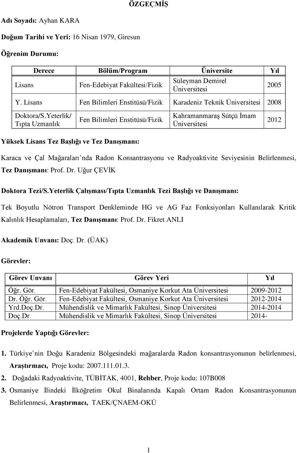 Yeterlik/ Tıpta Uzmanlık Fen Bilimleri Enstitüsü/Fizik Kahramanmaraş Sütçü İmam Üniversitesi 2012 Yüksek Lisans Tez Başlığı ve Tez Danışmanı: Karaca ve Çal Mağaraları nda Radon Konsantrasyonu ve