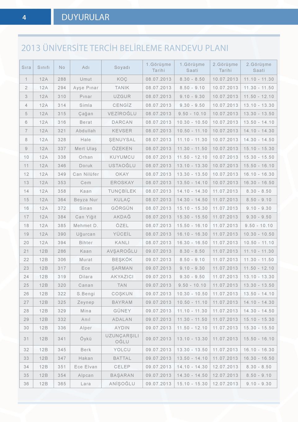 10-13.30 5 12A 315 Çağan VEZİROĞLU 08.07.2013 9.50-10.10 10.07.2013 13.30-13.50 6 12A 316 Berat DARCAN 08.07.2013 10.30-10.50 10.07.2013 13.50-14.10 7 12A 321 Abdullah KEVSER 08.07.2013 10.50-11.